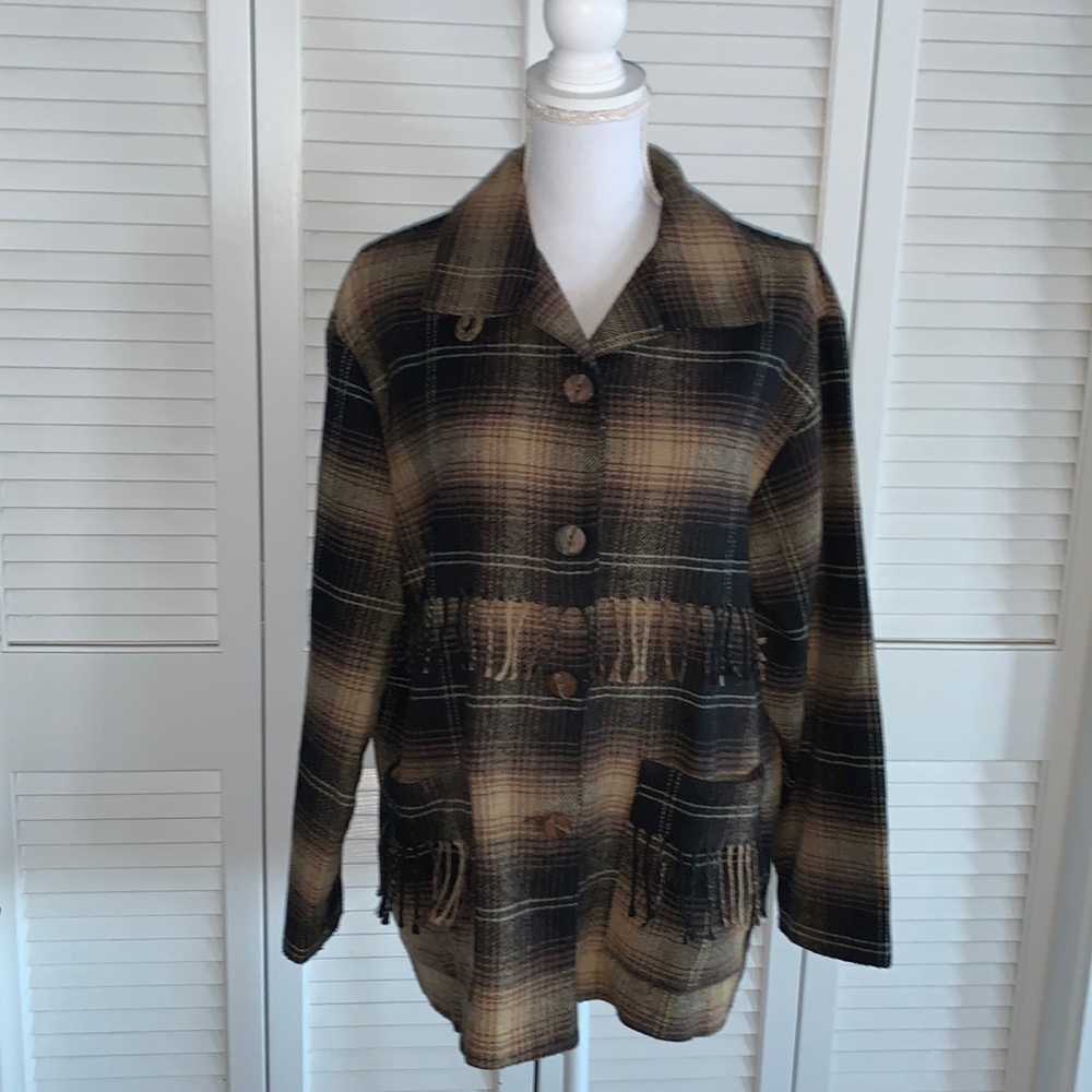 Coldwater Creek Brown Plaid Wool Blend Cabin Jacket Wood Buttons & Fringe Size M